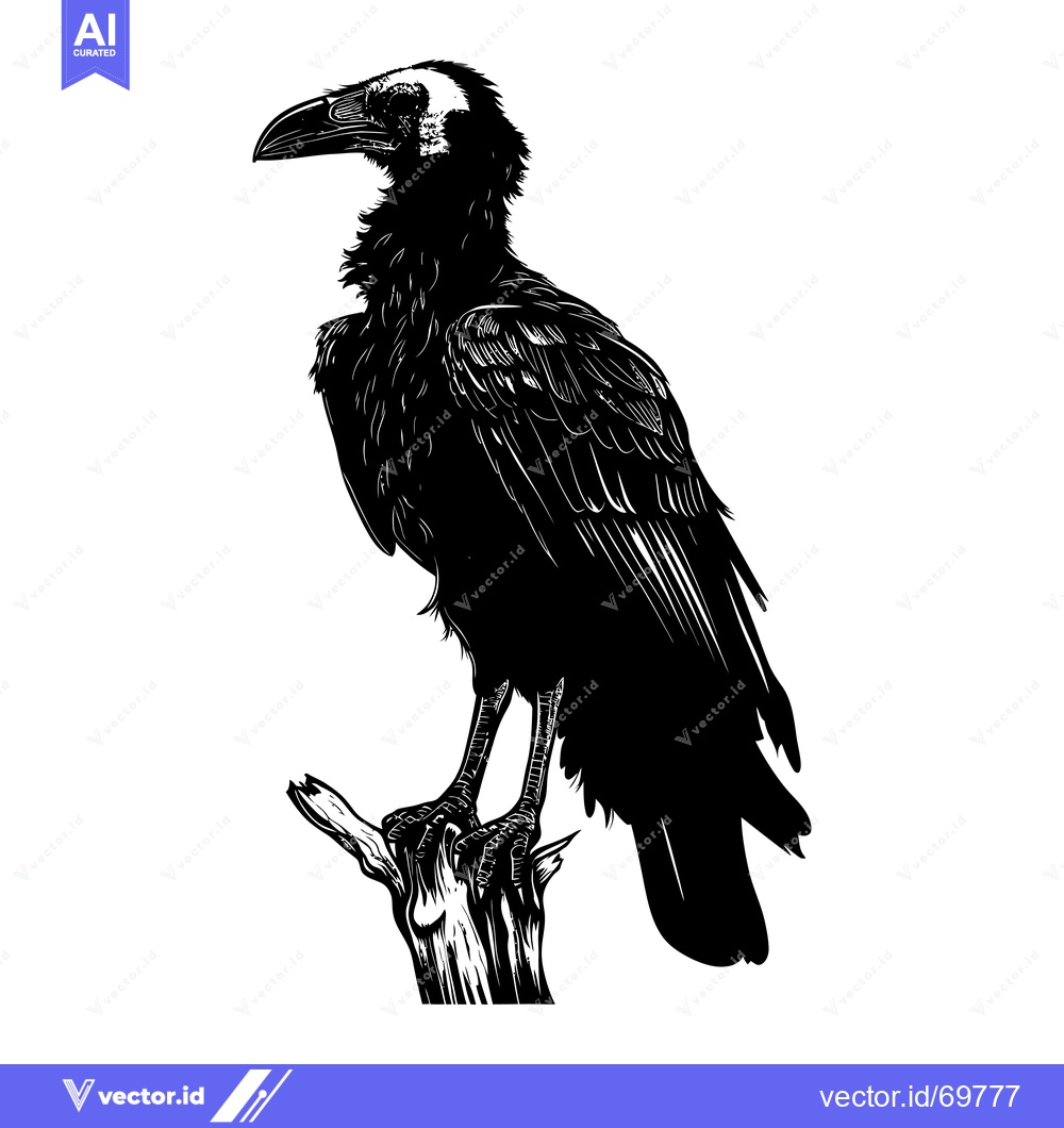 Premium Vector of Black and White Silhouette of a Raven Perched on a Branch