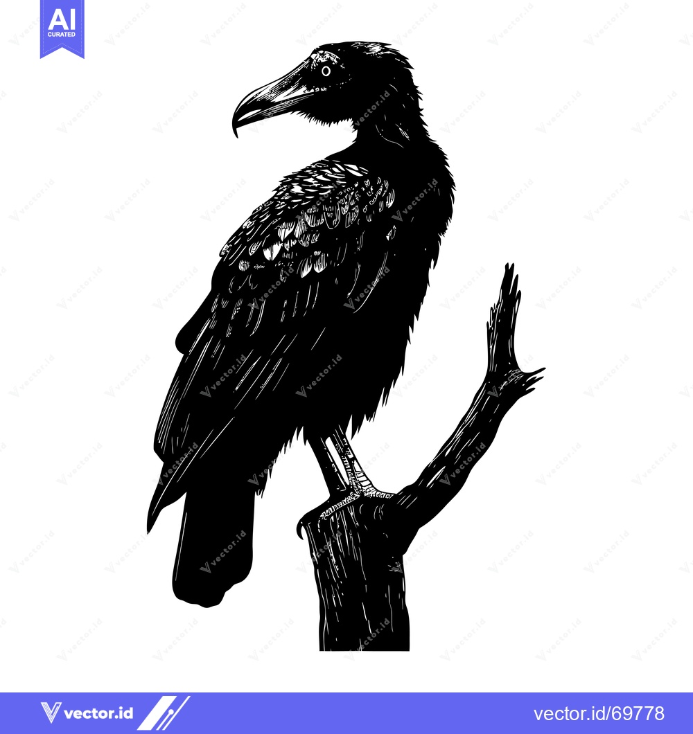 Premium Vector of Black and White Illustration of a Raven Perched on a Branch