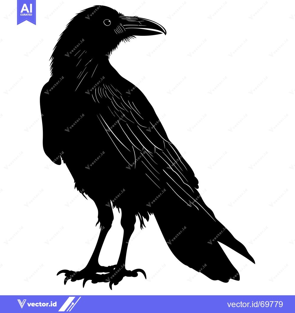 Premium Vector dari Black and White Silhouette of a Raven with Detailed Feathers