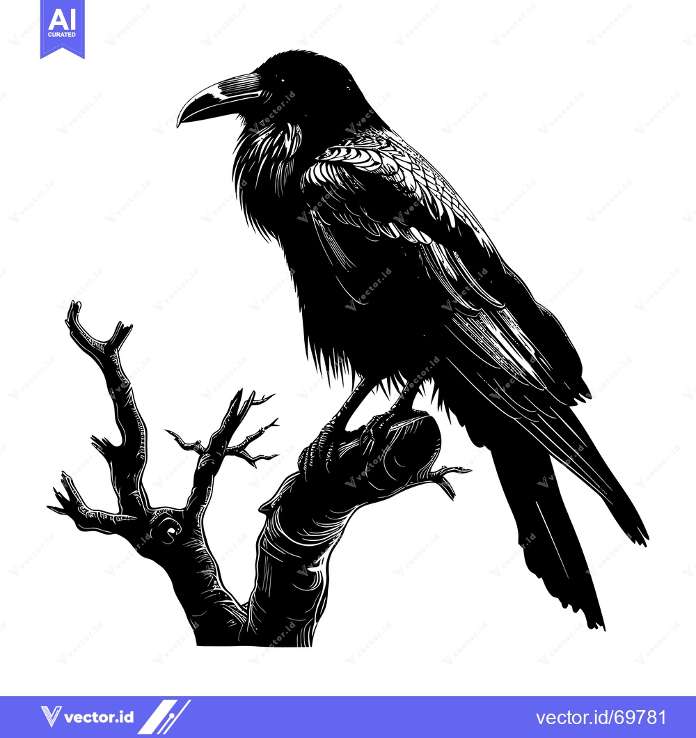 Premium Vector of Black and White Illustration of a Raven Perched on a Branch
