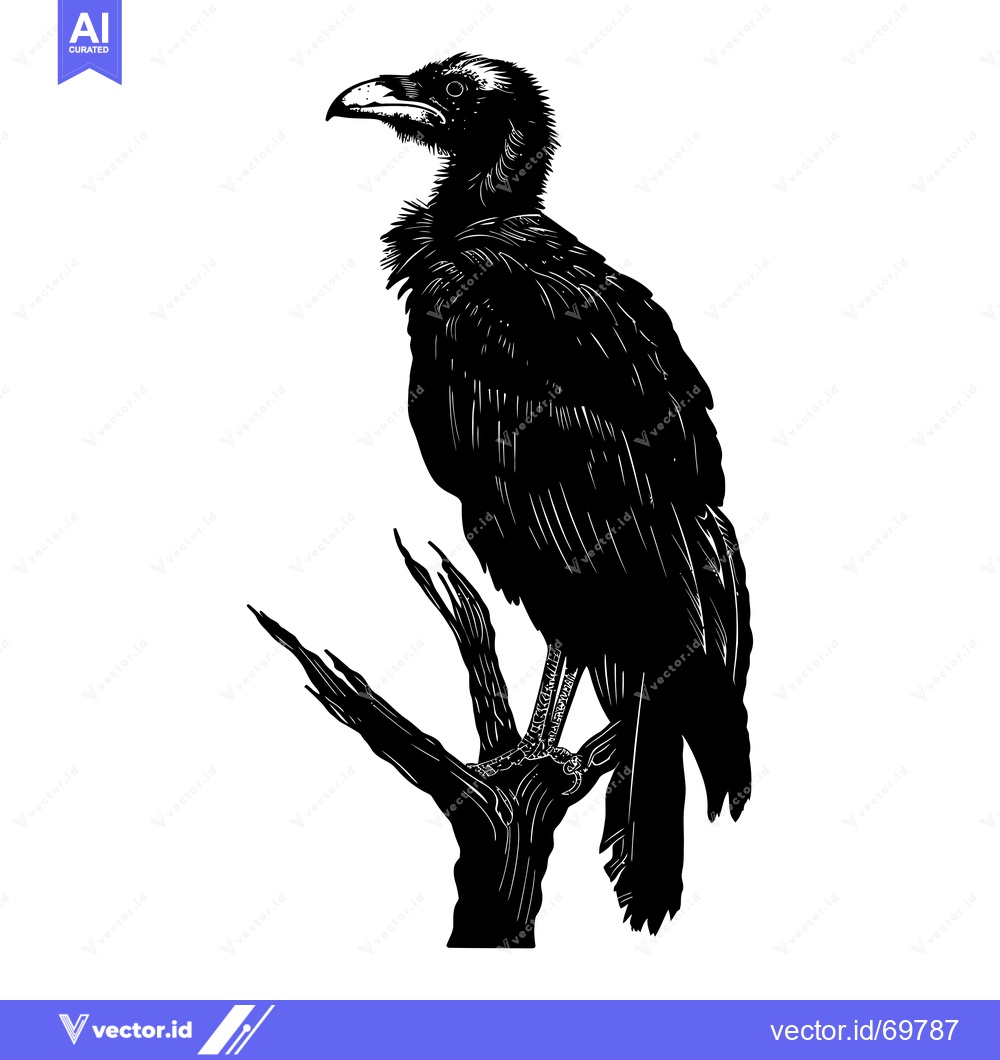 Premium Vector of Black and White Silhouette of a Vulture Perched on a Branch