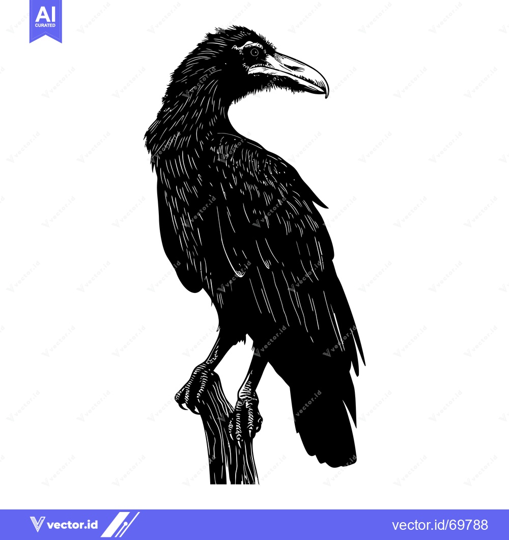 Premium Vector of A Black Raven Perched on a Branch in Silhouette