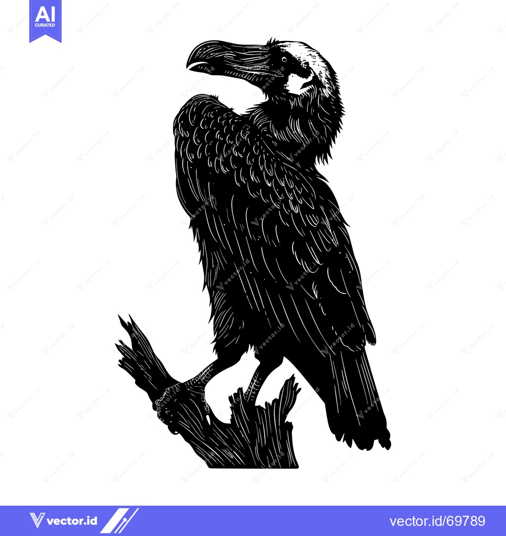 Premium Vector of Black and White Illustration of a Raven Perched on a Branch