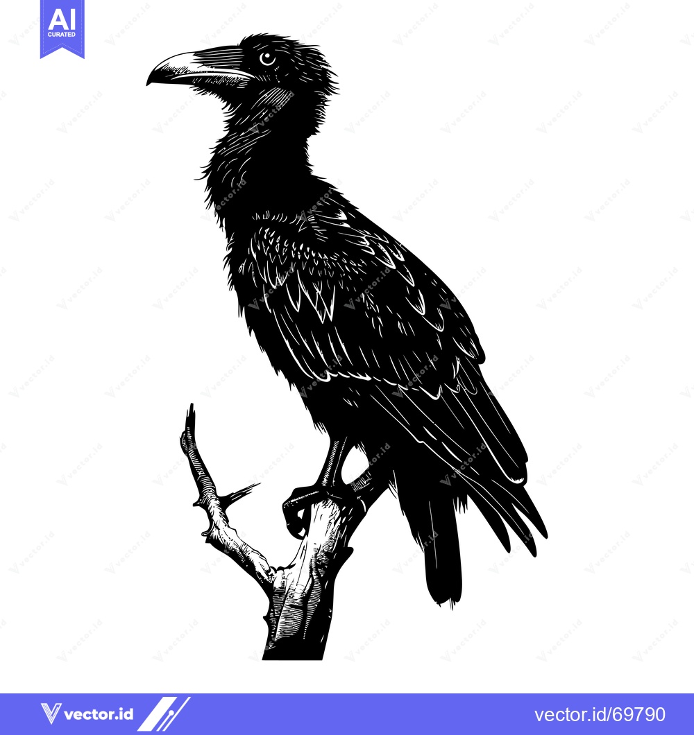 Premium Vector dari Black and White Illustration of a Crow Perched on a Branch