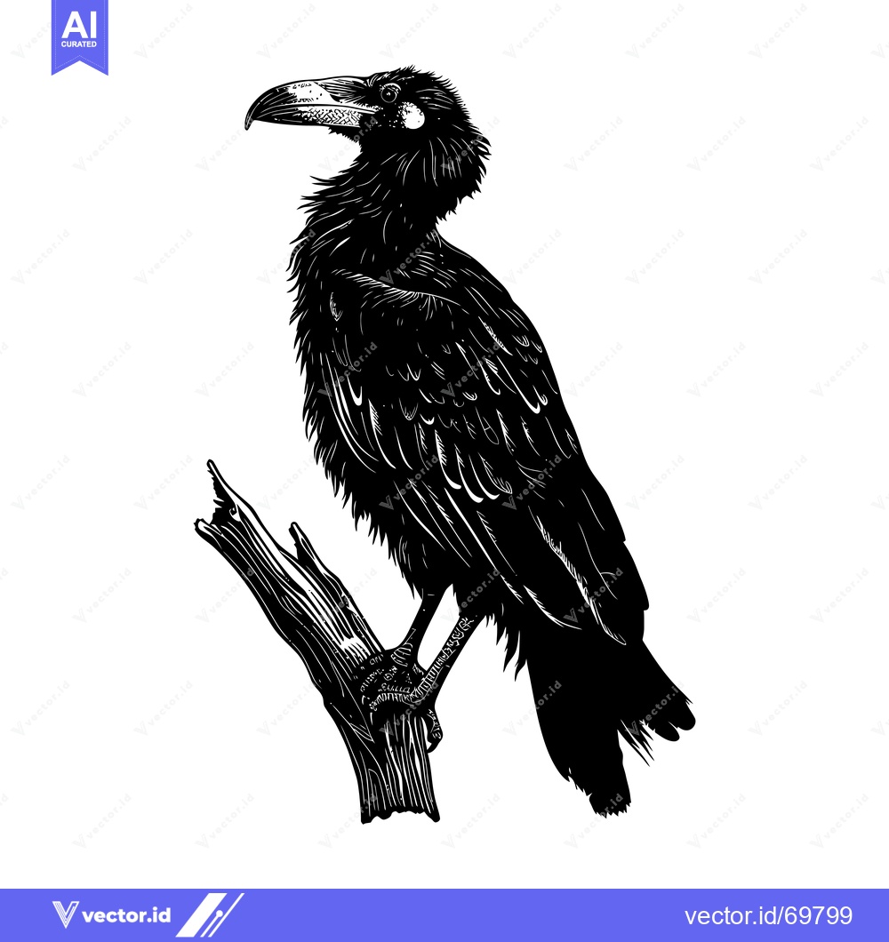 Premium Vector of Black and White Illustration of a Bird Perched on a Branch