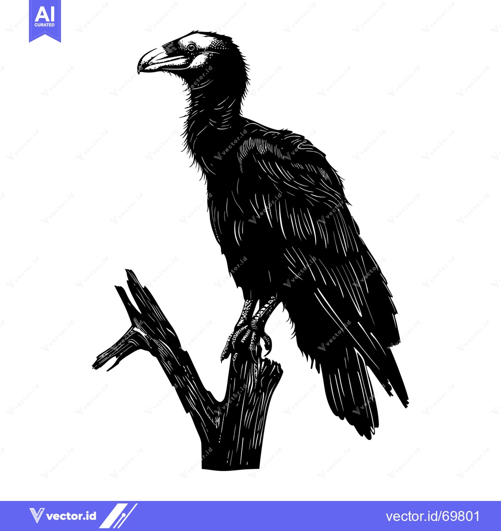 Premium Vector of Black and White Illustration of a Bird Perched on a Branch