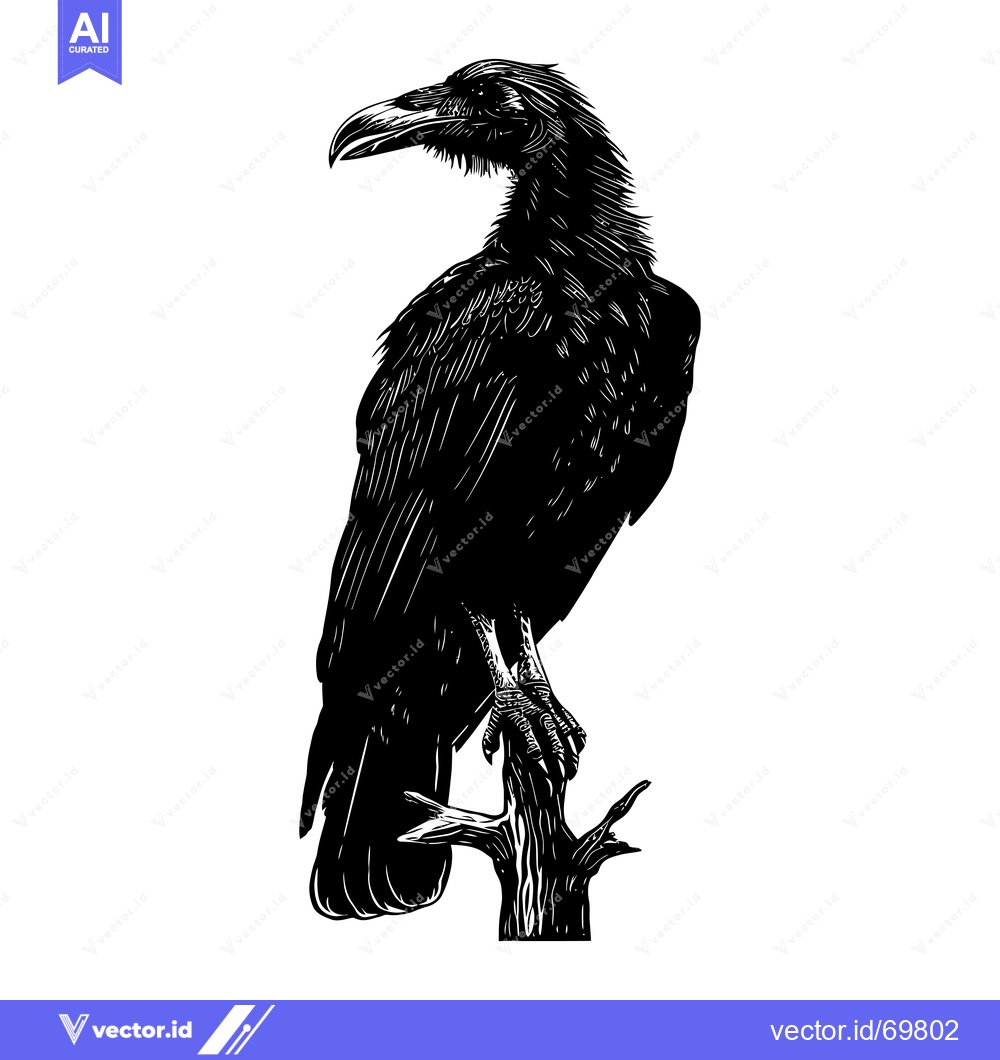 Premium Vector of Black and White Illustration of a Raven Perched on a Branch