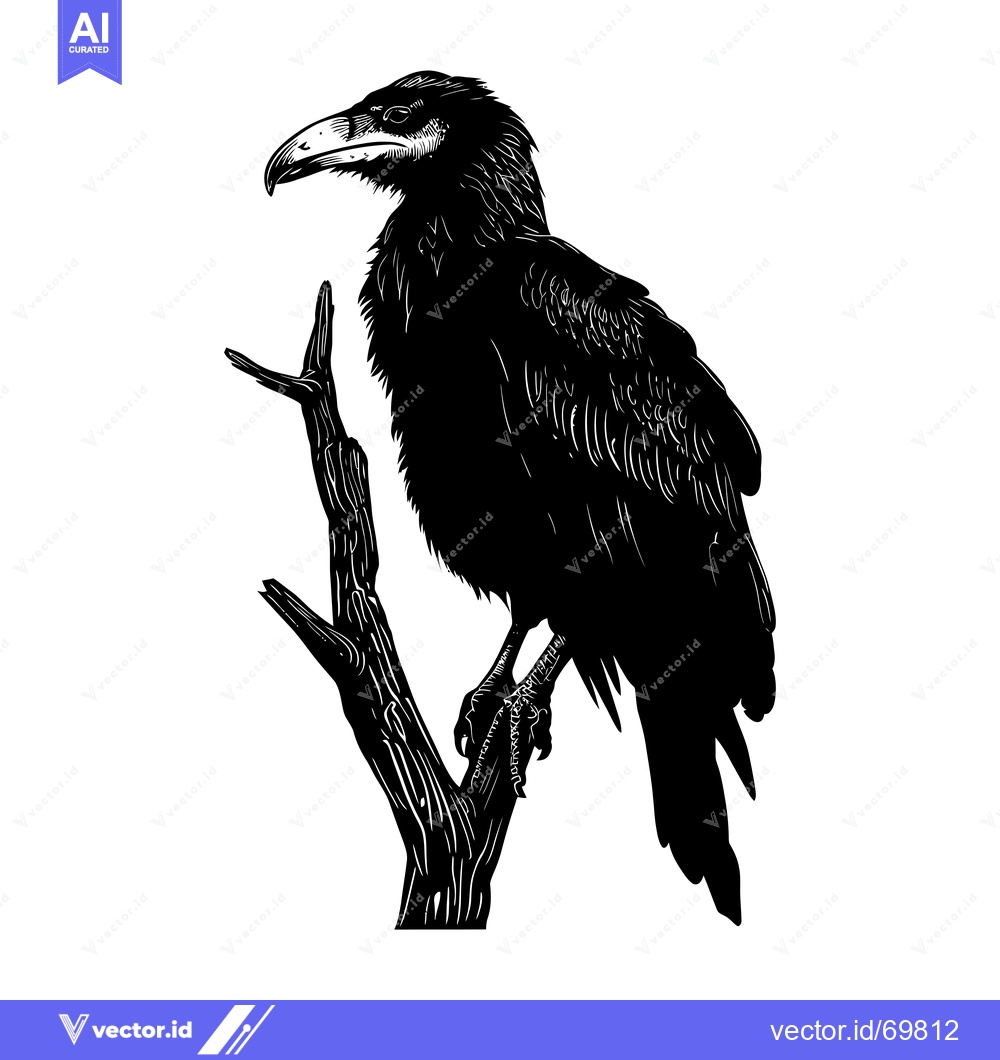 Premium Vector dari Black and White Illustration of a Crow Perched on a Branch