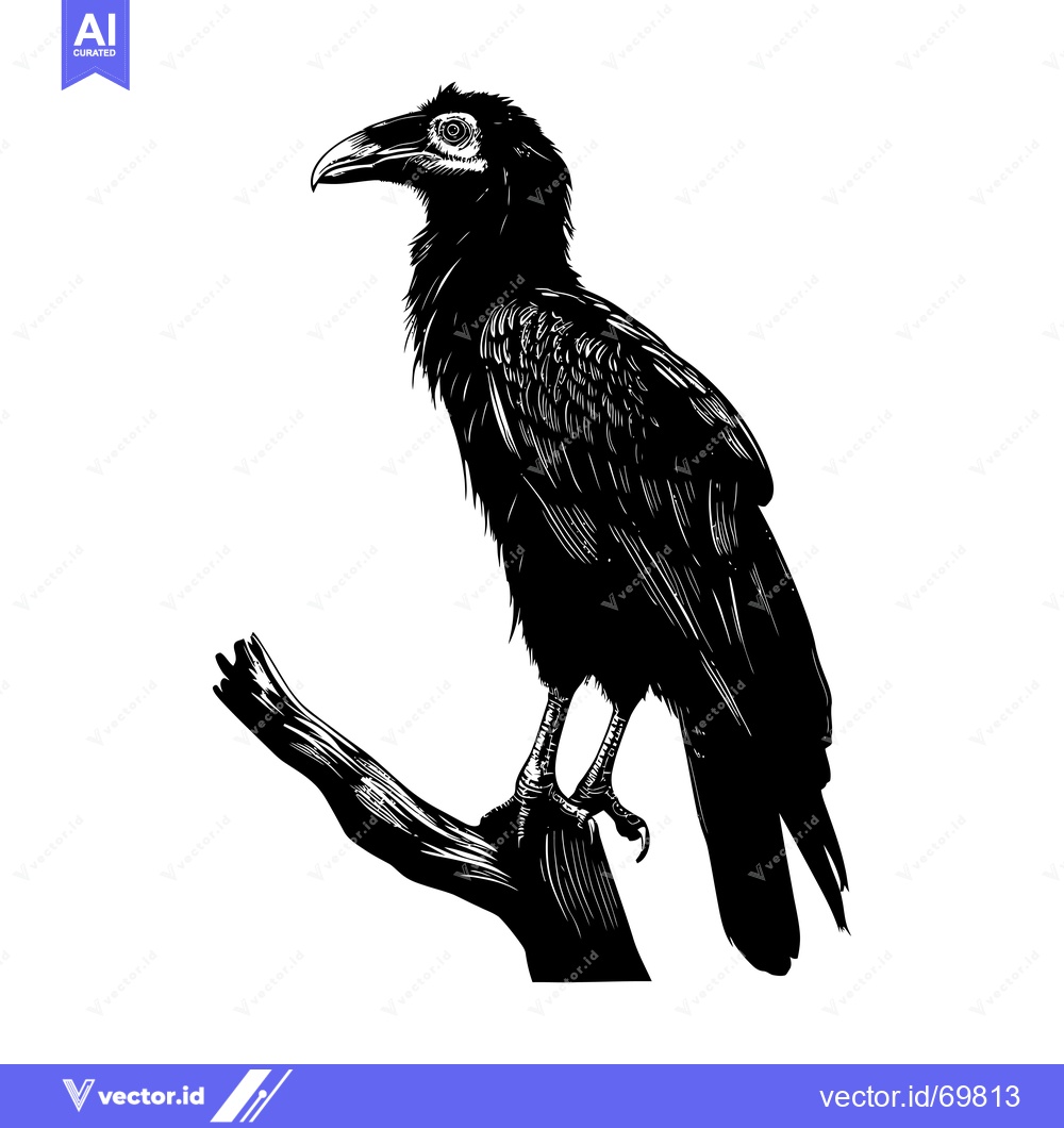 Premium Vector dari Black and White Illustration of a Raven Perched on a Branch