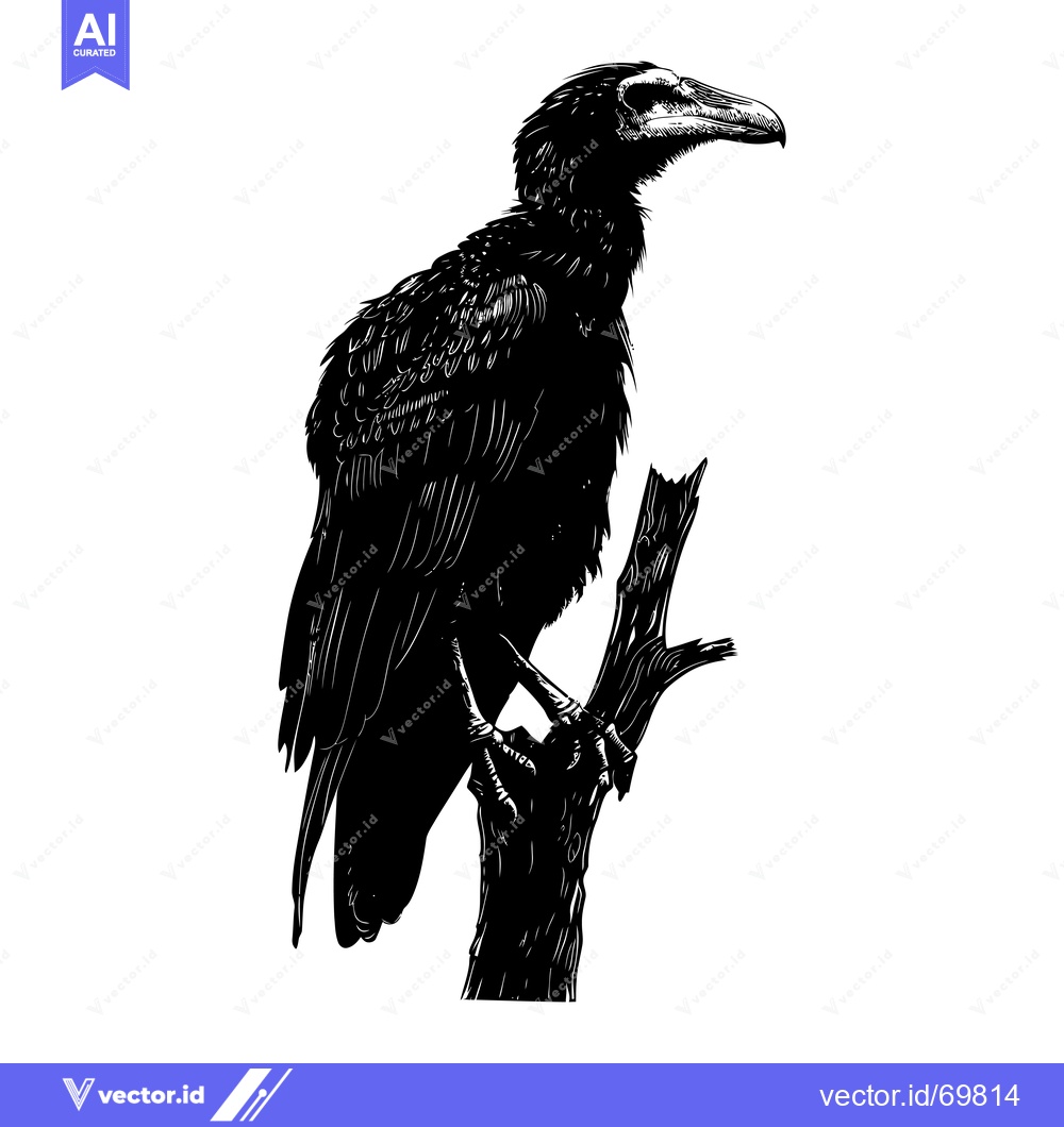 Premium Vector of Black and White Illustration of a Bird Perched on a Branch