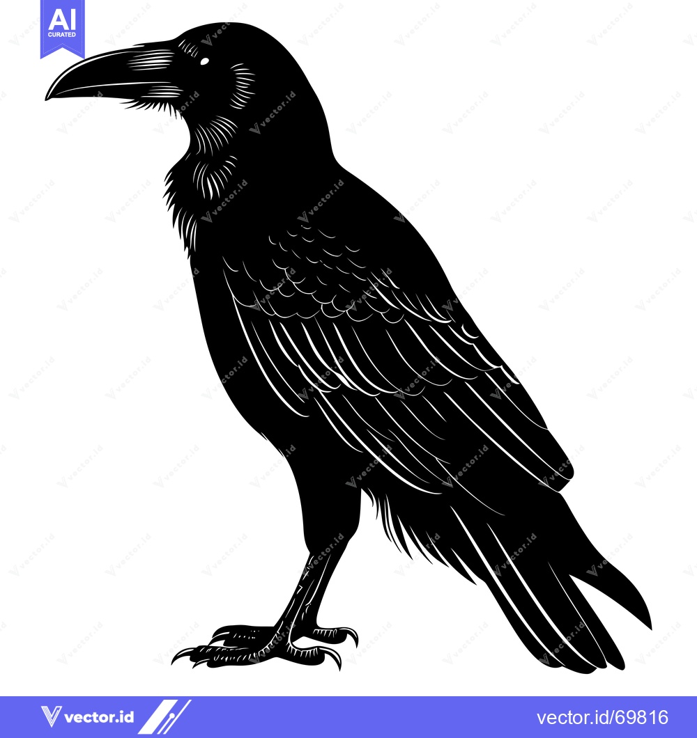 Premium Vector of Black and White Silhouette of a Raven Standing on the Ground