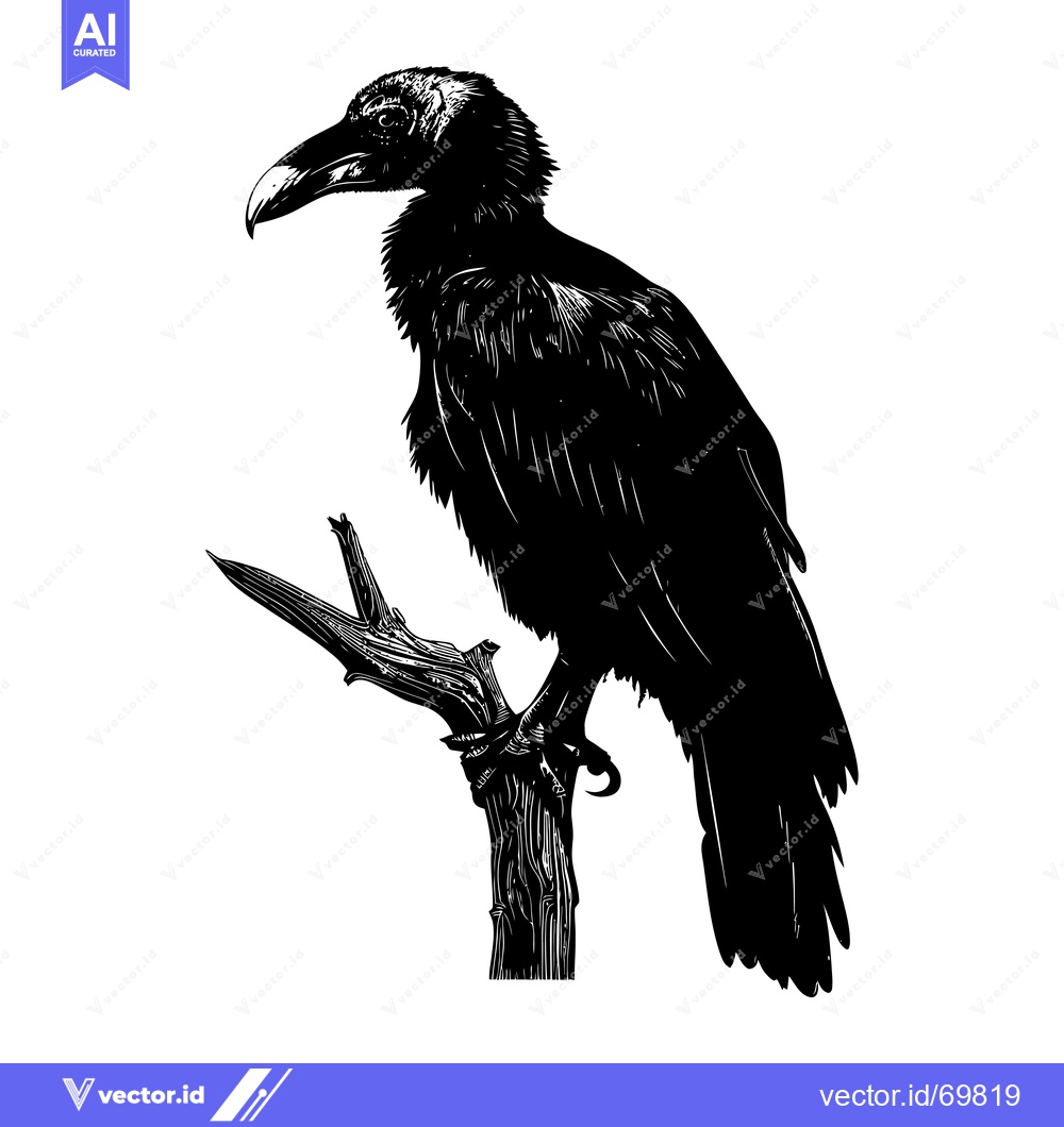 Premium Vector dari Black and White Illustration of a Raven Perched on a Branch