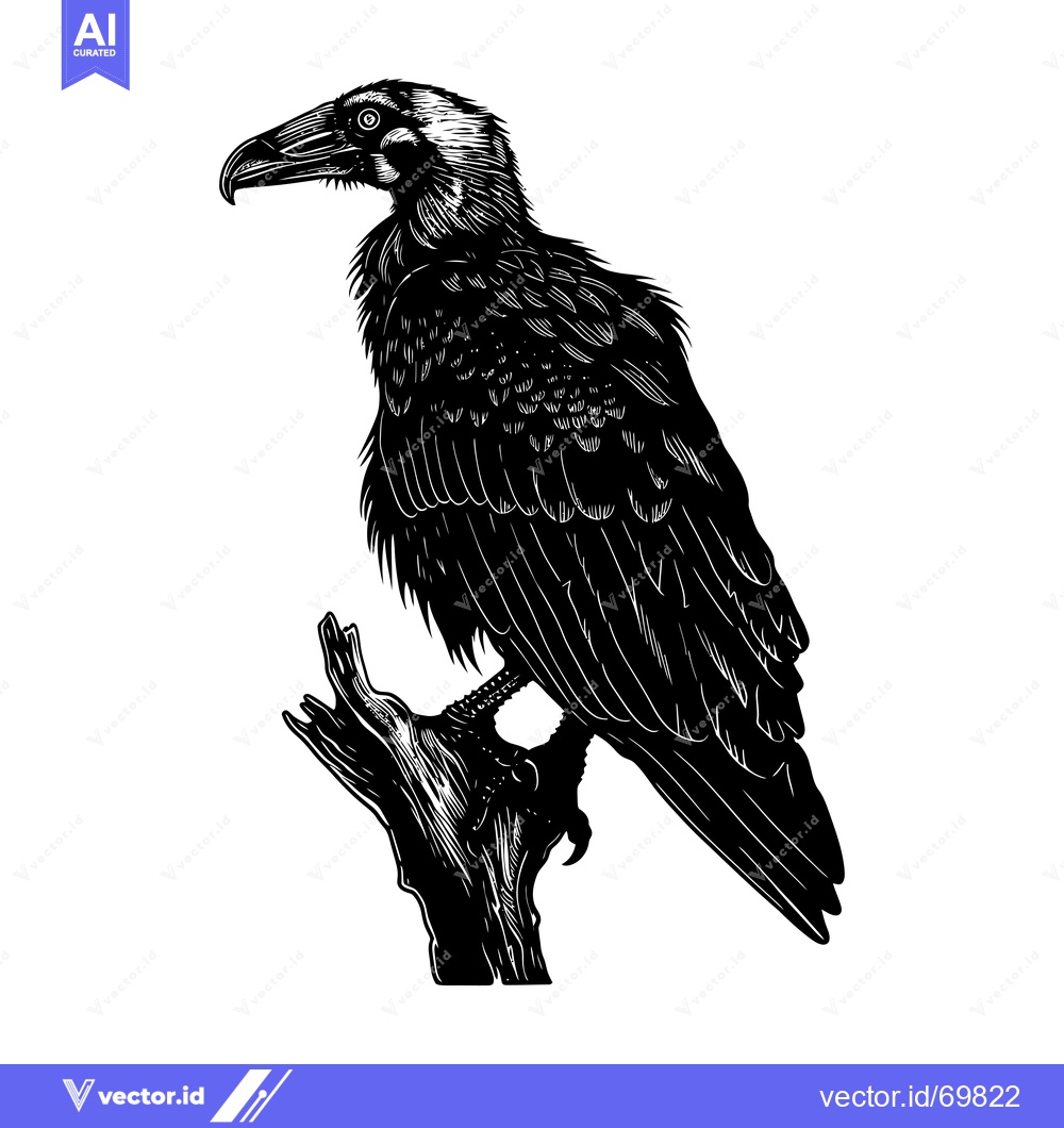 Premium Vector of Black and White Illustration of a Bird of Prey Perched on a Branch