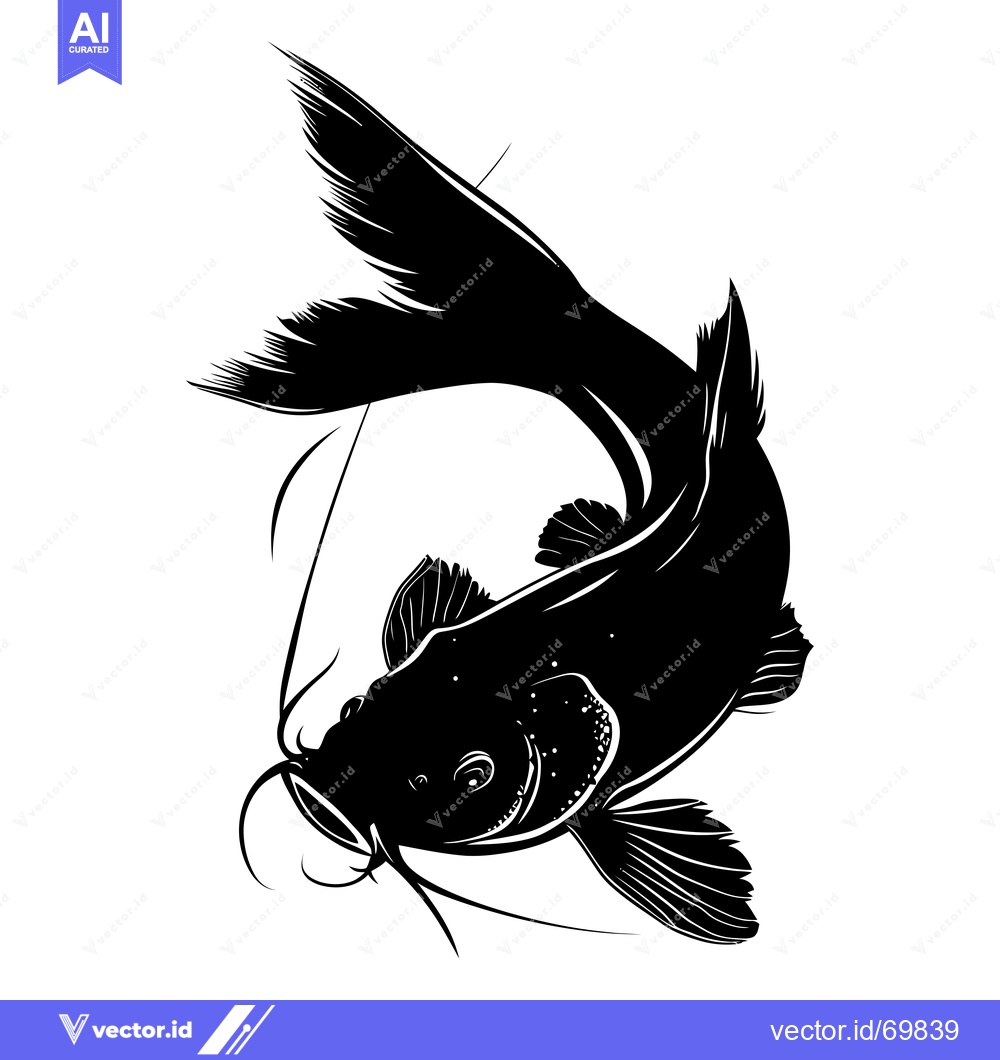 Premium Vector of Black and White Silhouette of a Catfish with a Curved Tail