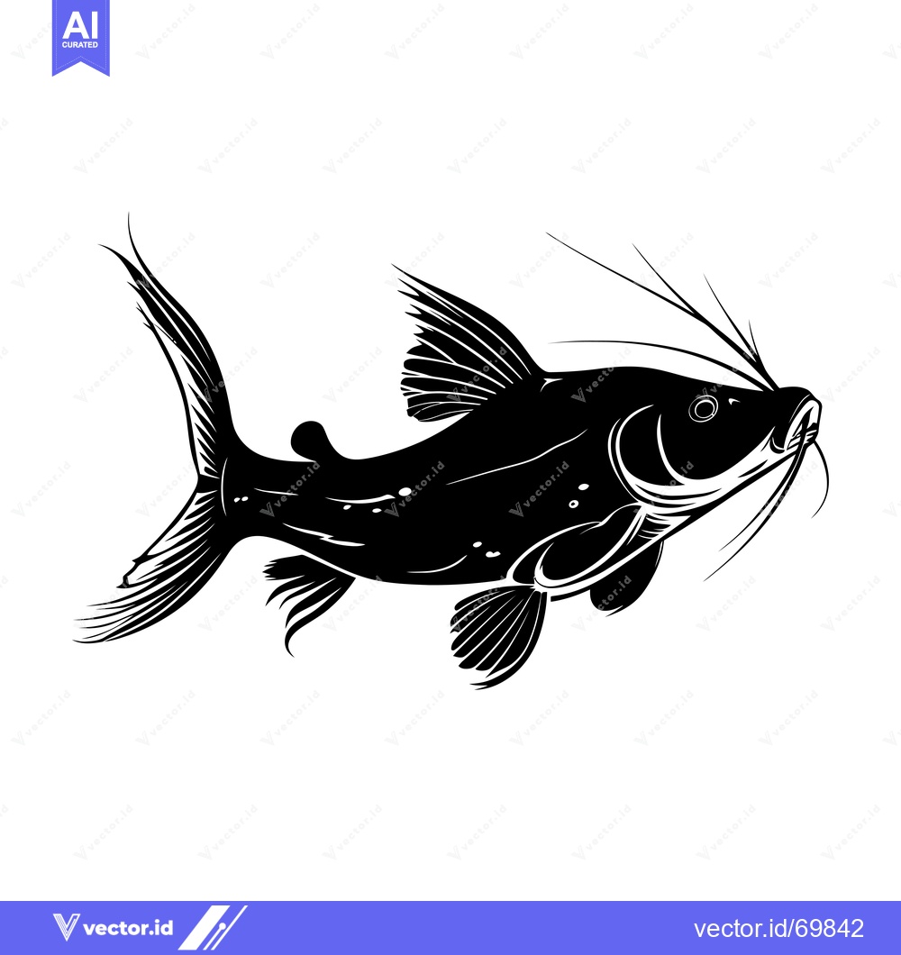 Premium Vector of Black and White Silhouette of a Catfish with Barbels