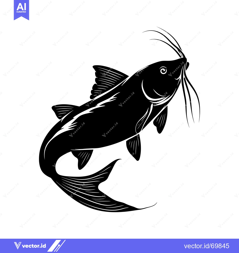 Premium Vector of Black and White Silhouette of a Catfish with Barbels