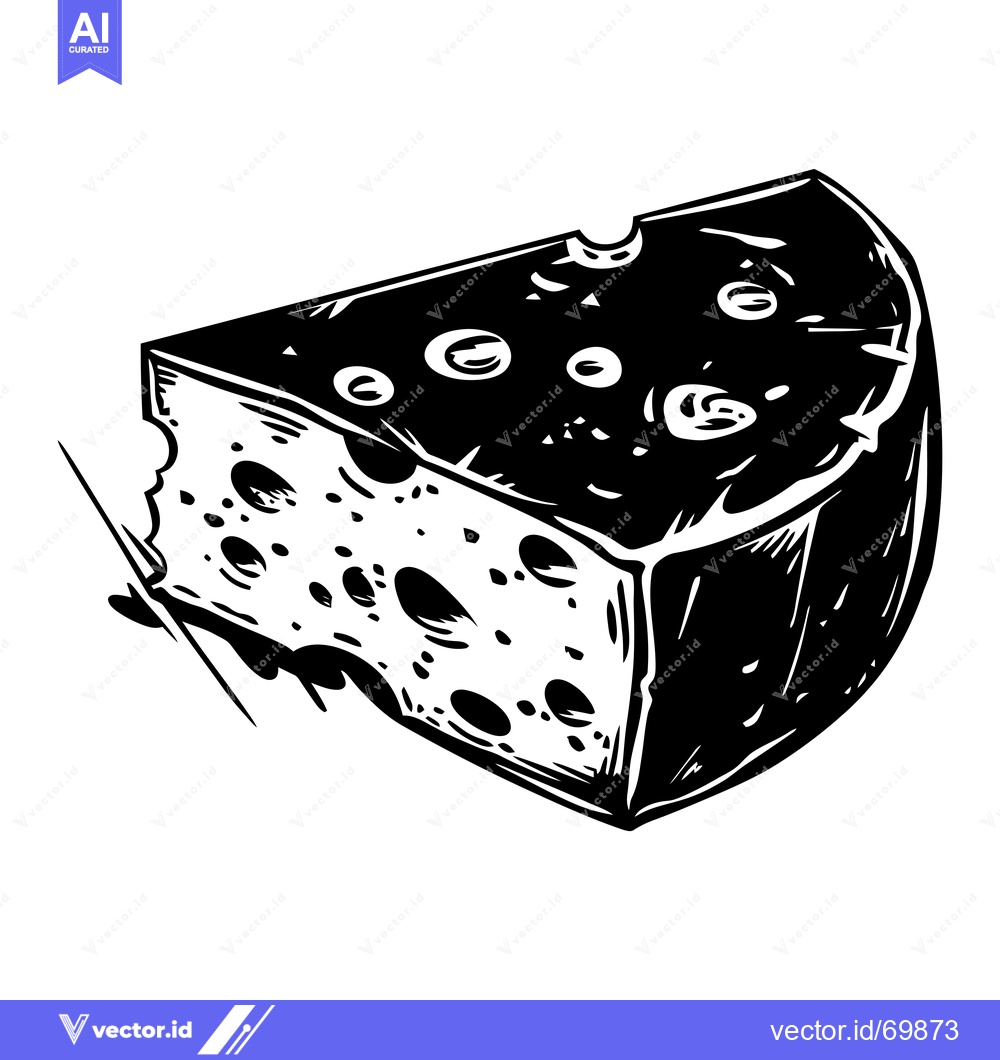 Premium Vector of A wedge of Swiss cheese with large holes, black and white illustration
