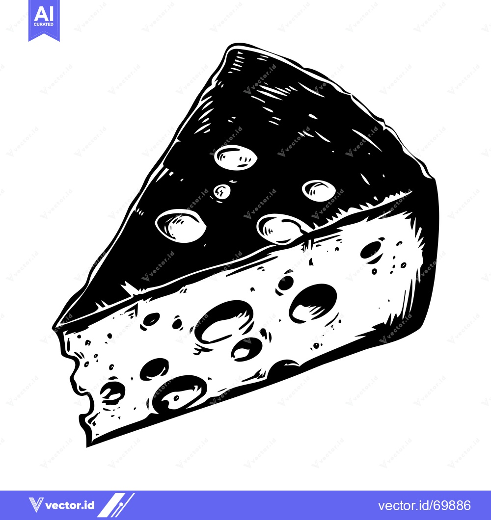 Premium Vector of Black and White Hand-Drawn Illustration of a Slice of Swiss Cheese