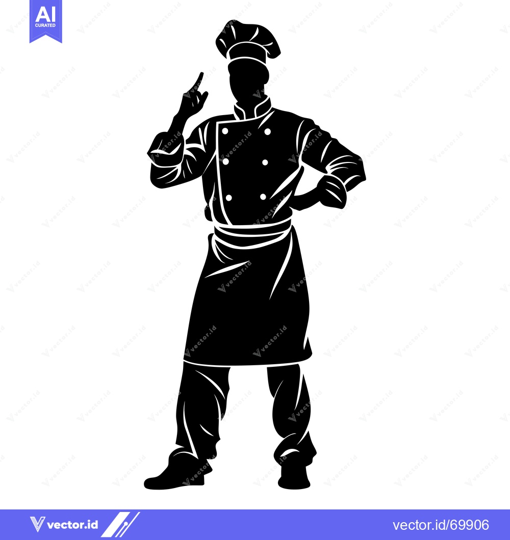 Premium Vector dari Black and White Silhouette of a Chef in a Chef's Hat Pointing Upwards