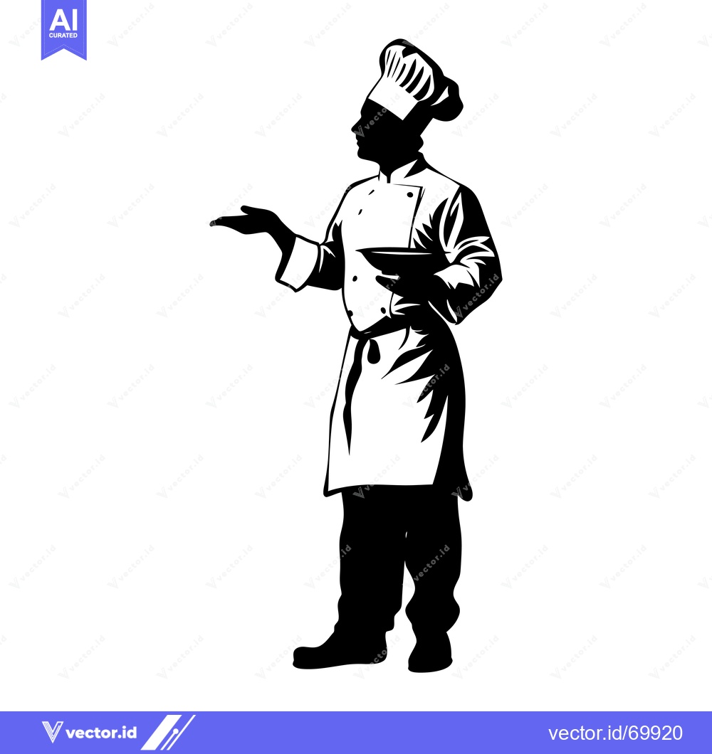 Premium Vector dari Black and White Silhouette of a Chef Holding a Bowl and Presenting wit