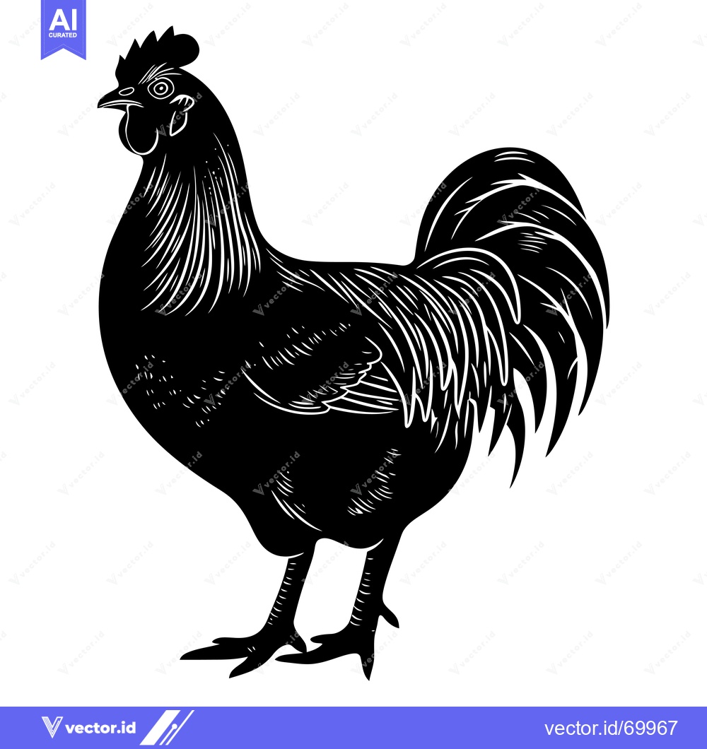 Premium Vector of Black and White Illustration of a Rooster Standing