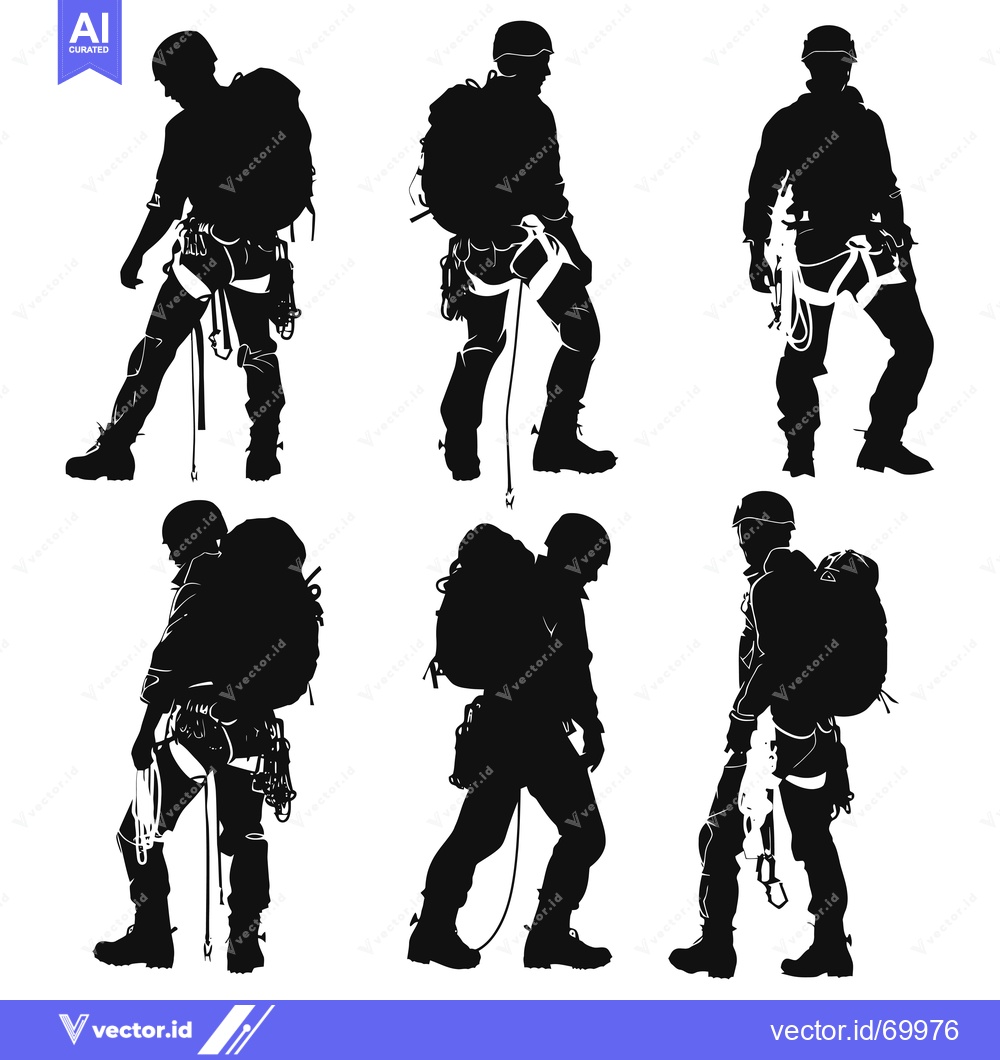 Premium Vector of Six Silhouettes of Climbers with Backpacks and Gear