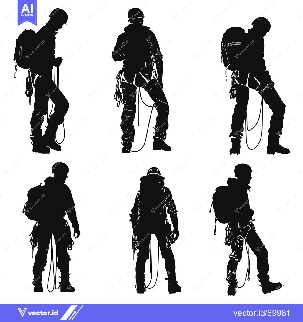 Premium Vector dari Black Silhouettes of Climbers with Equipment and Backpacks