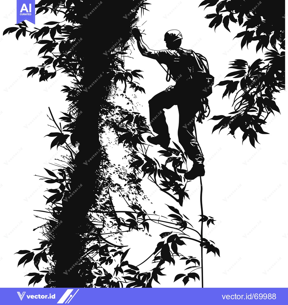 Premium Vector of A Silhouette of a Climber Ascending a Tree with Lush Foliage