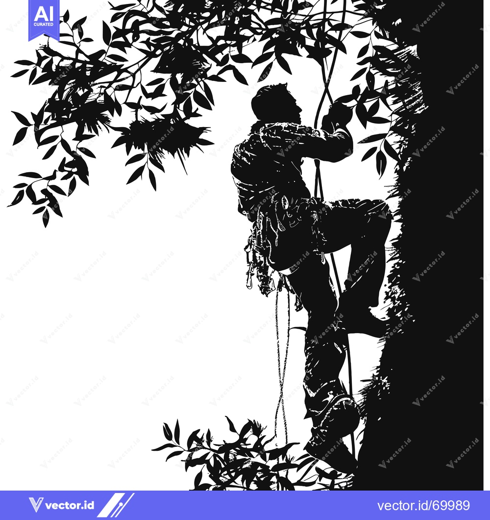Premium Vector of Silhouette of a Climber Ascending a Rock Face with Lush Foliage Overhe