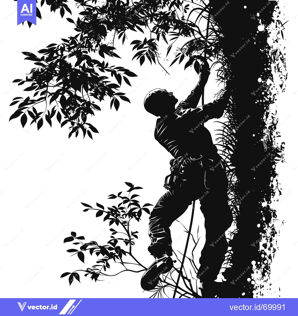 Premium Vector dari Silhouette of a Climber Ascending a Tree with Lush Foliage