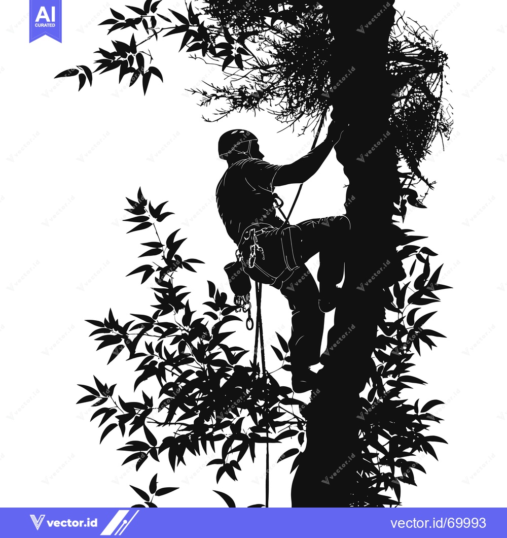 Premium Vector dari Silhouette of a Climber Ascending a Tree with Ropes and Gear