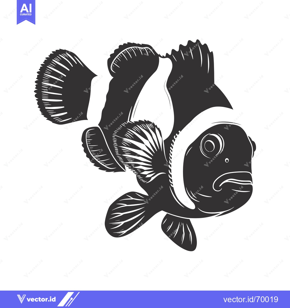 Premium Vector dari Black and white illustration of a clownfish with fins spread out