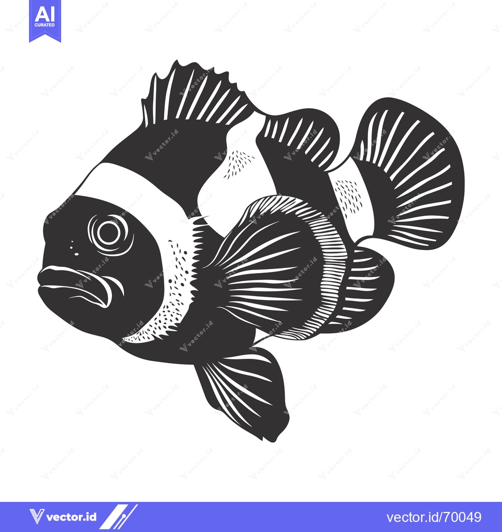 Premium Vector of Black and white illustration of a clownfish with fins