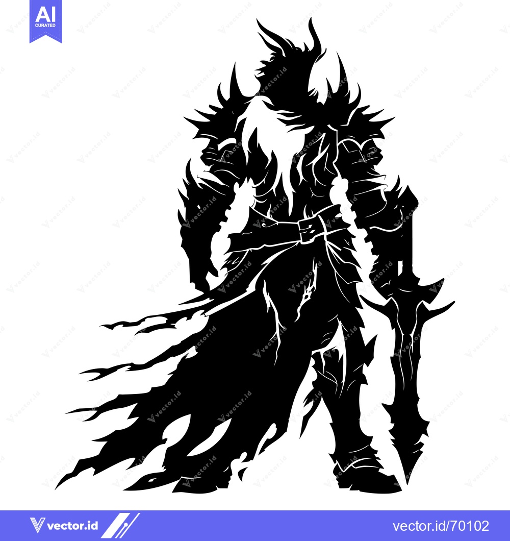 Premium Vector dari Black and White Silhouette of a Heavily Armored Warrior with a Sword