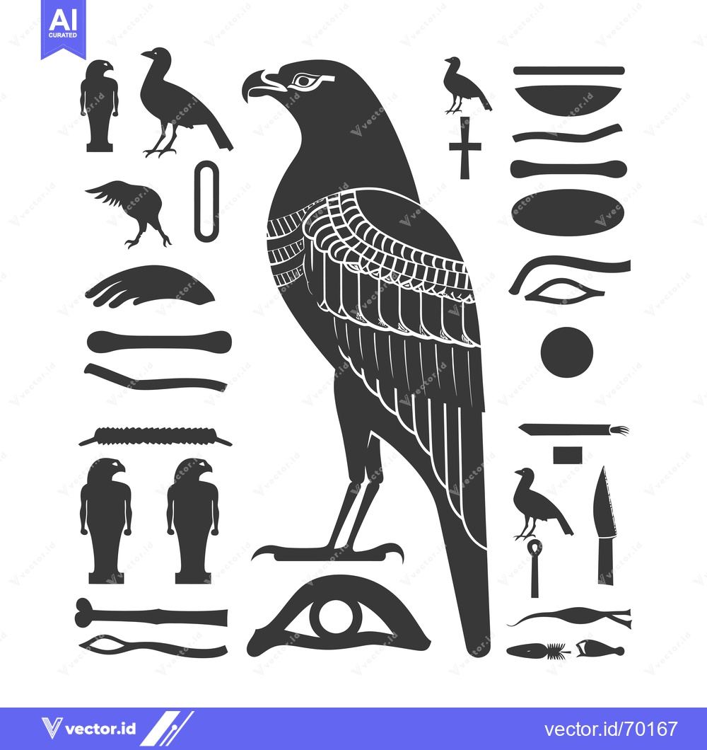 Premium Vector dari Black and White Illustration of an Egyptian Falcon with Hieroglyphics