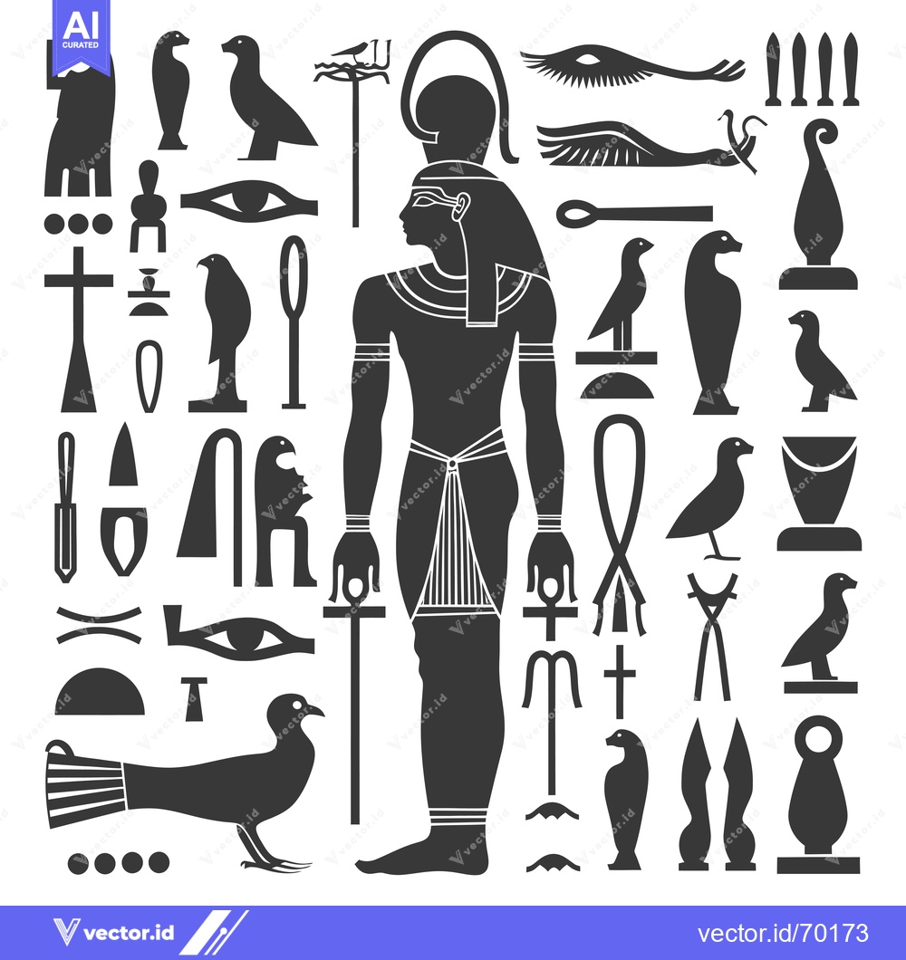 Premium Vector dari Egyptian Hieroglyphics and Symbols Set with a Pharaoh Figure