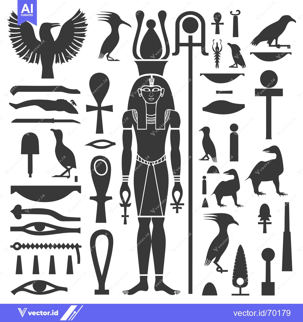 Premium Vector of Egyptian Hieroglyphs and Symbols with Pharaoh Illustration