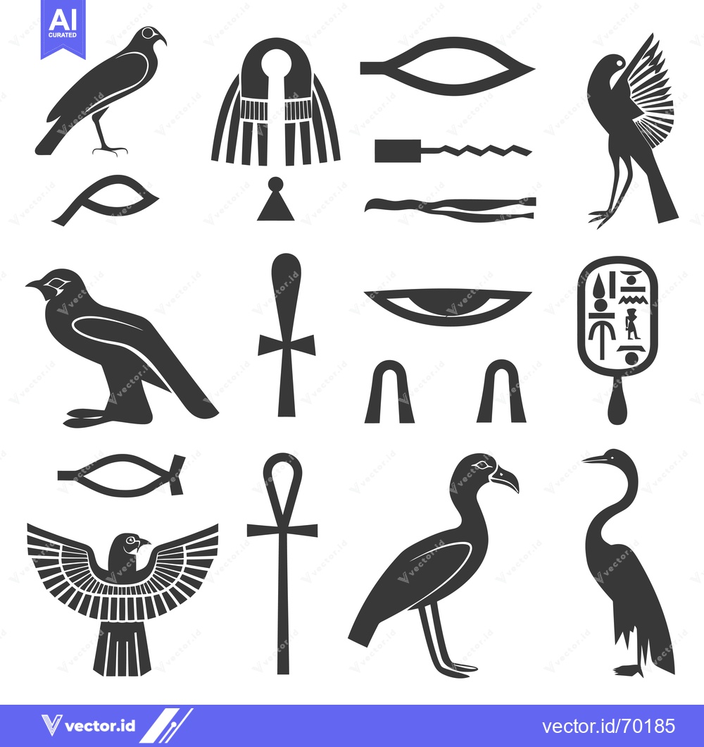 Premium Vector dari Egyptian Hieroglyphs and Symbols, including Birds, Ankh, and Eye of Ho