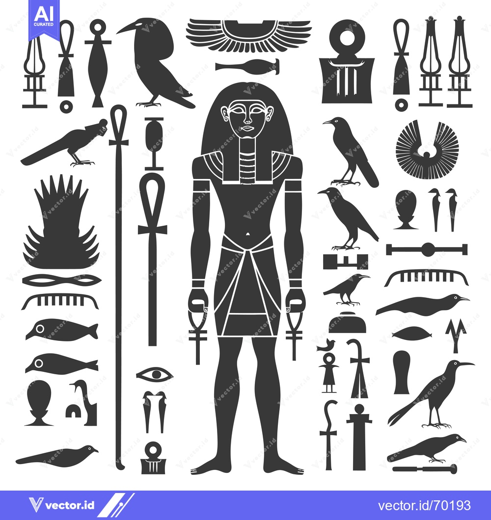 Premium Vector dari Egyptian Hieroglyphics Symbols Set Including Human Figure, Birds, and