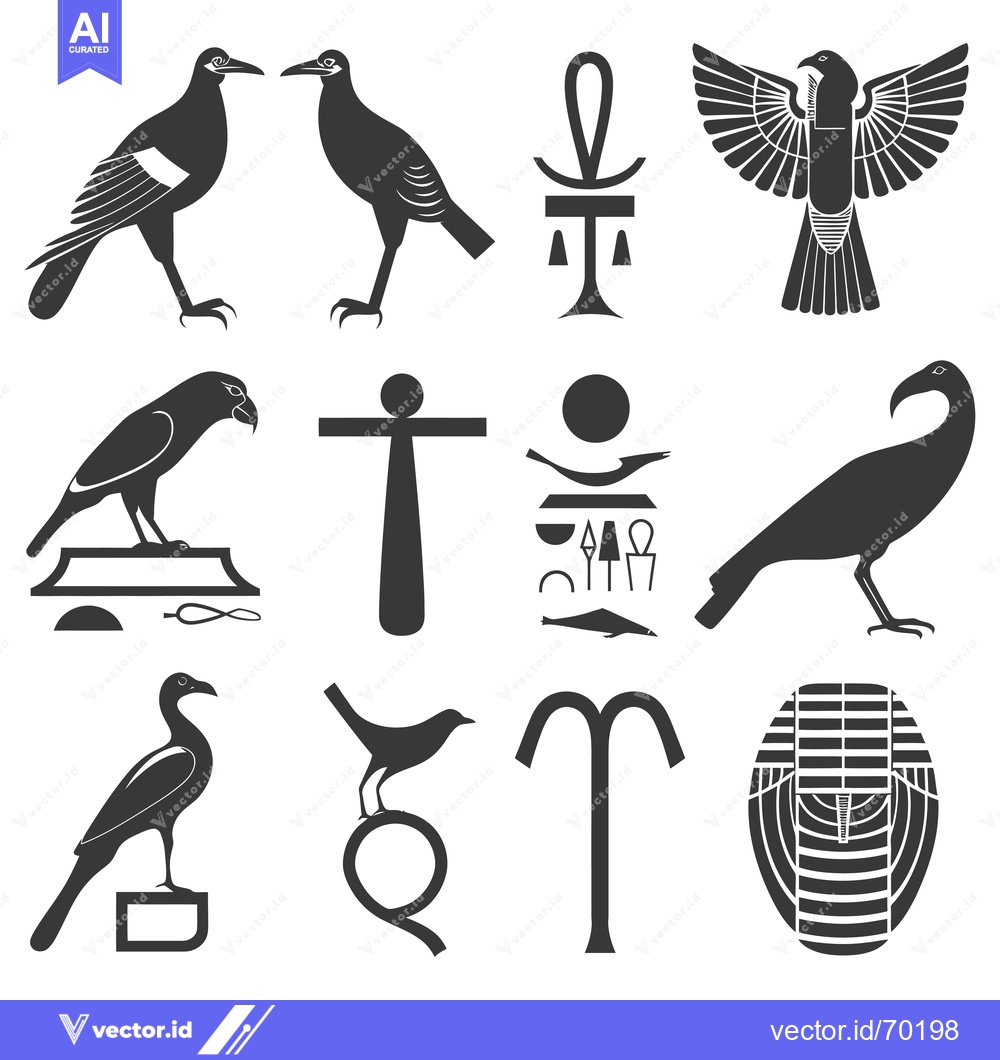 Premium Vector of Set of Black and White Egyptian Hieroglyphs and Bird Silhouettes