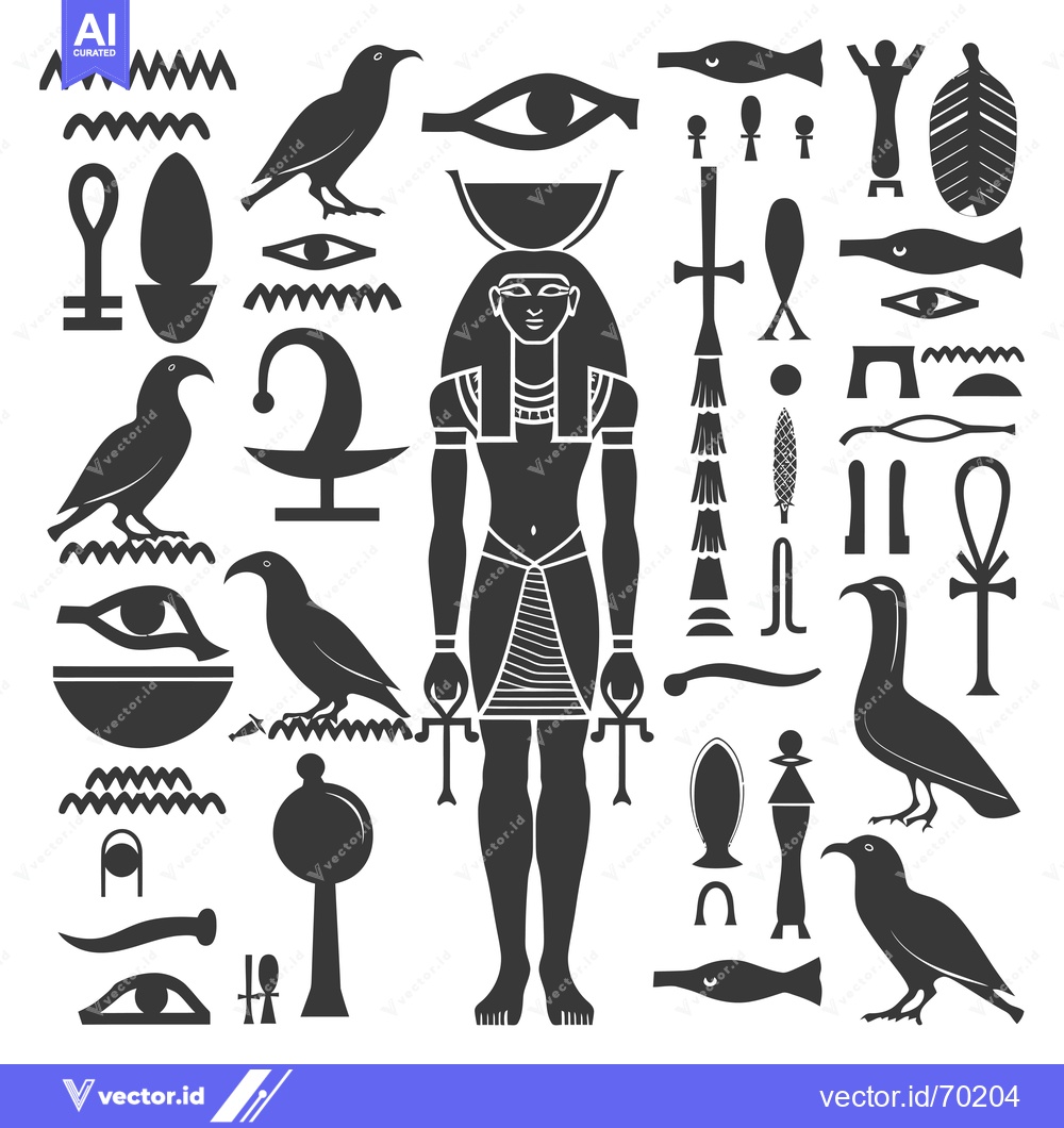 Premium Vector of Egyptian Hieroglyphs and Symbols with a Standing Pharaoh Figure