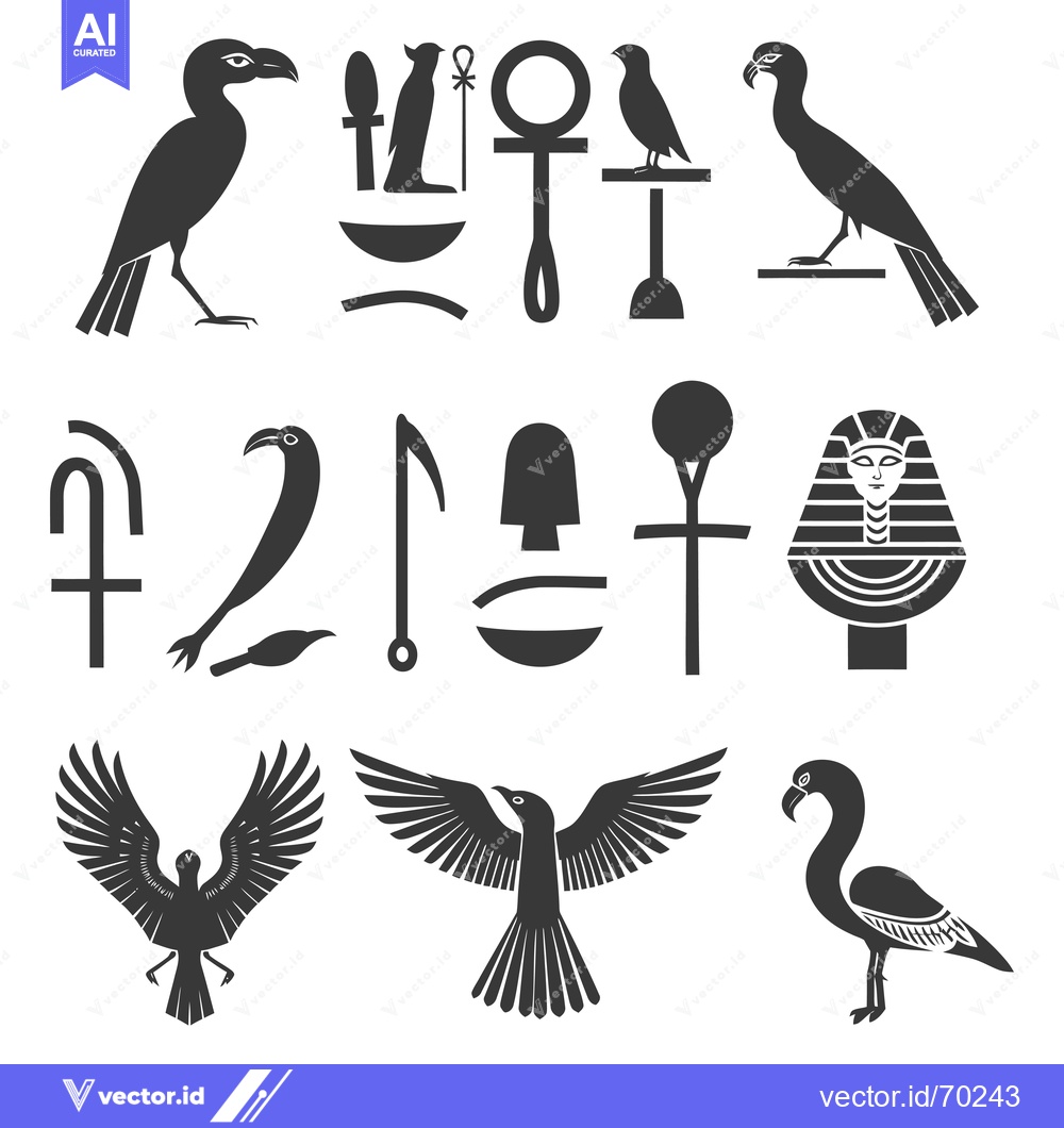 Premium Vector of Egyptian Hieroglyphs, Gods, Birds, and Symbols Collection
