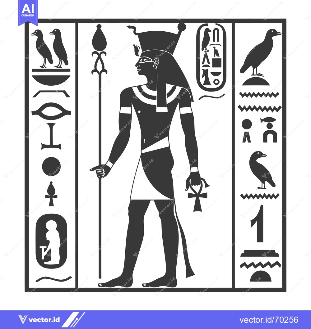 Premium Vector of Egyptian God with Staff and Ankh in Hieroglyphic Frame
