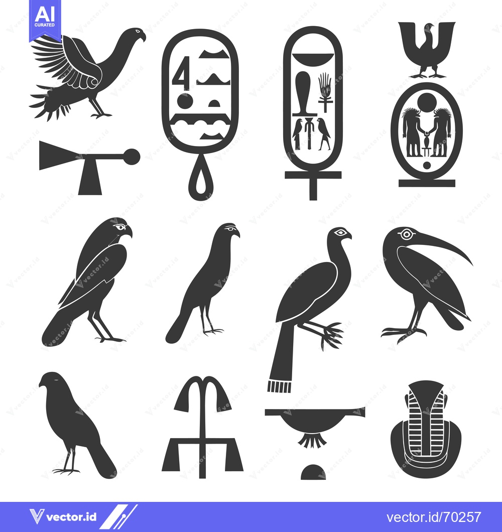 Premium Vector of A Collection of Ancient Egyptian Hieroglyphics and Bird Silhouettes