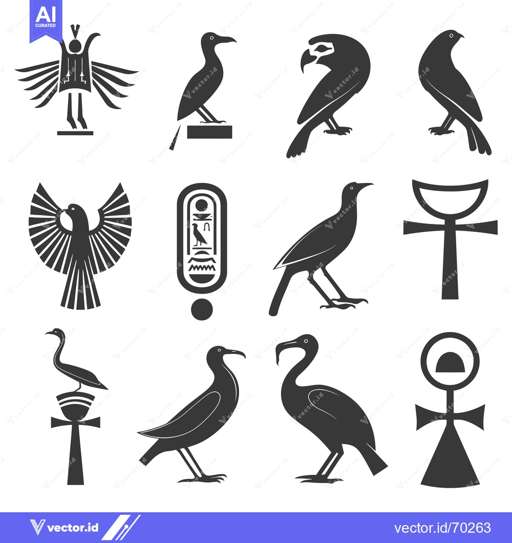 Premium Vector of Egyptian Hieroglyphs and Birds with Ankh Symbols