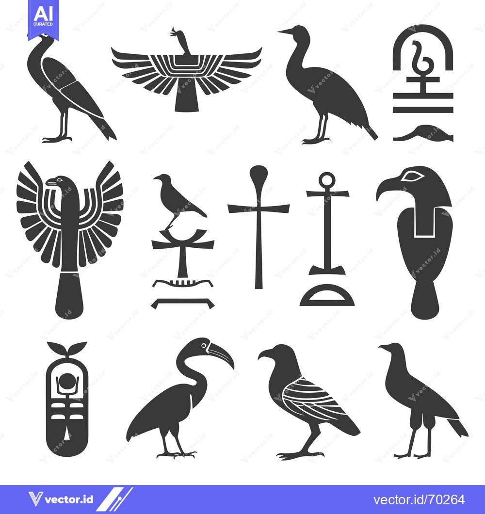 Premium Vector of Egyptian Mythology Symbols with Birds, Hieroglyphs, and Ankh