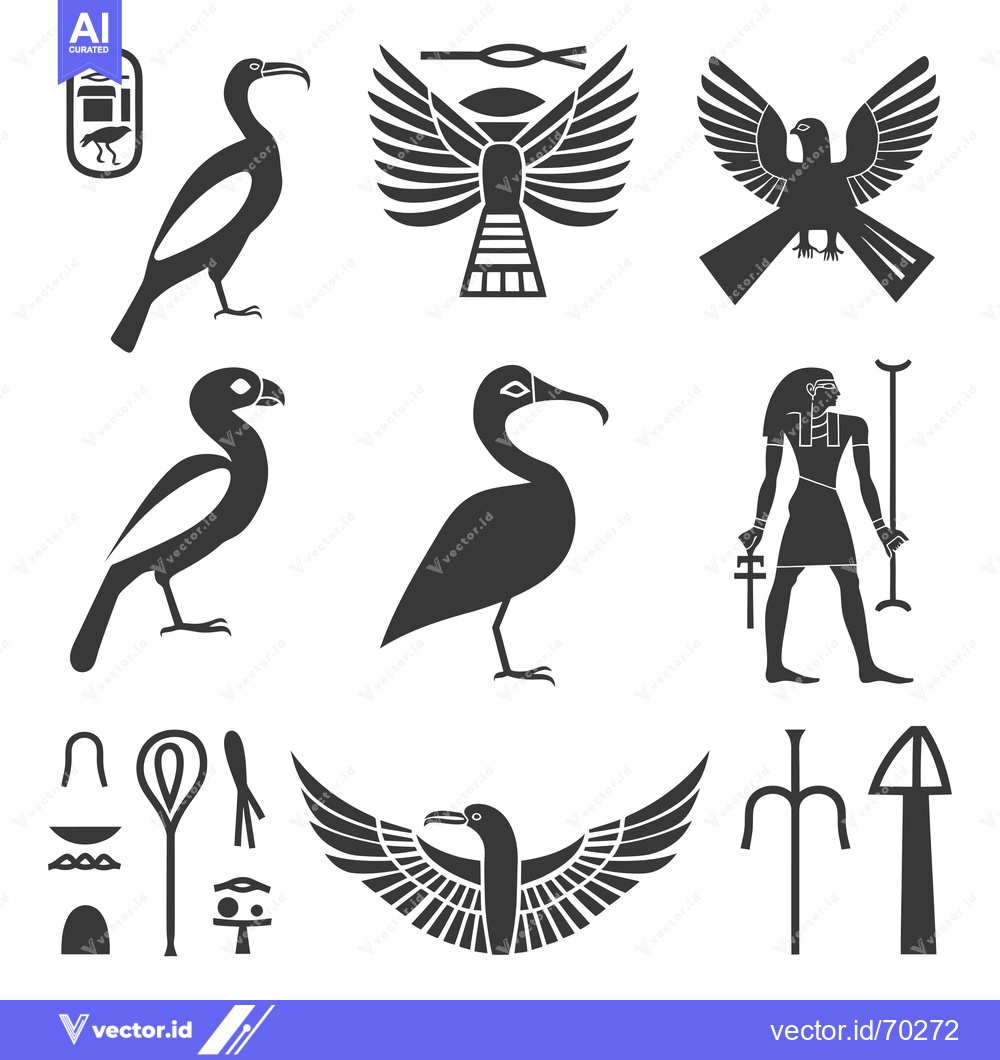 Premium Vector of Ancient Egyptian Symbols, Including Birds, Gods, and Hieroglyphs