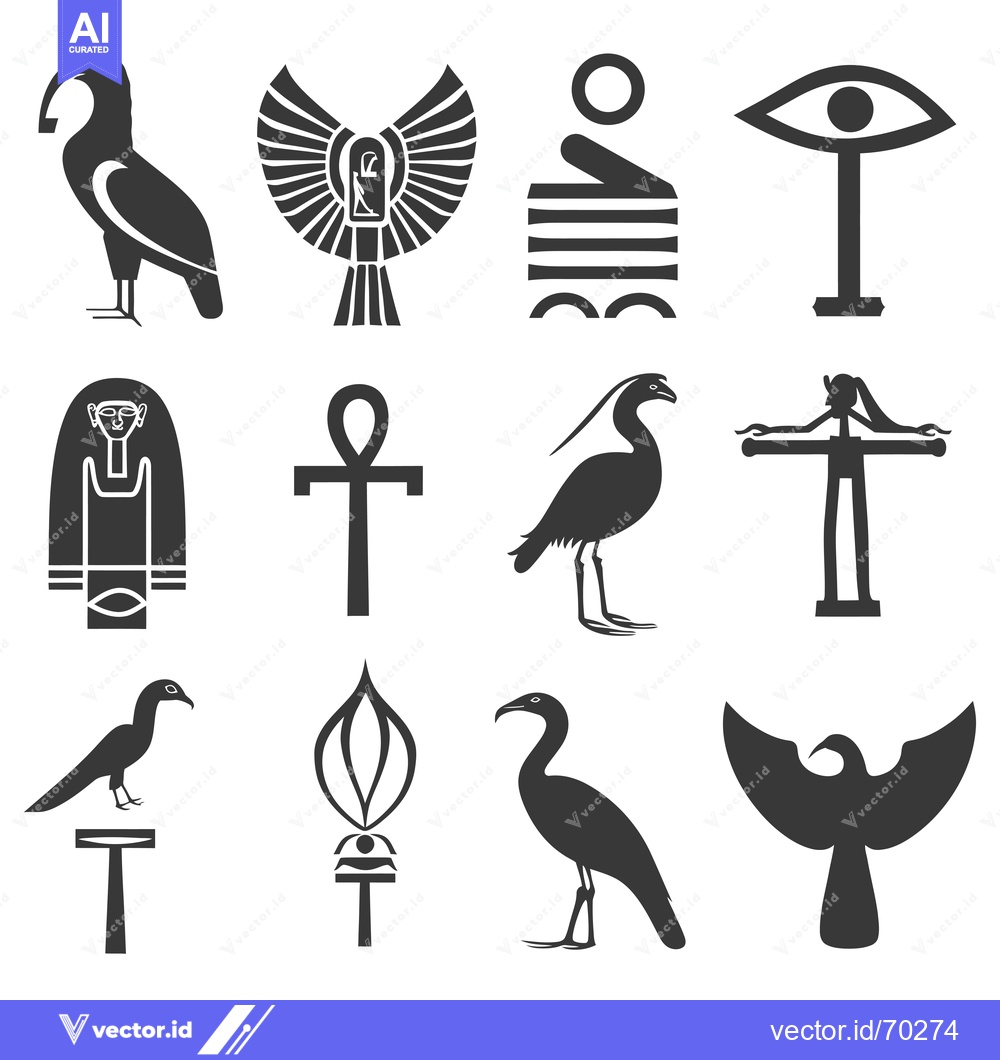 Premium Vector dari Egyptian Hieroglyphs and Symbols, Including Birds, an Eye, and the Ank