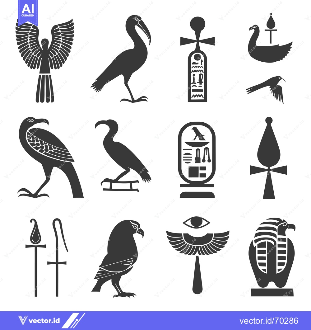Premium Vector of Egyptian Hieroglyphics and Symbols, Including Birds and Gods