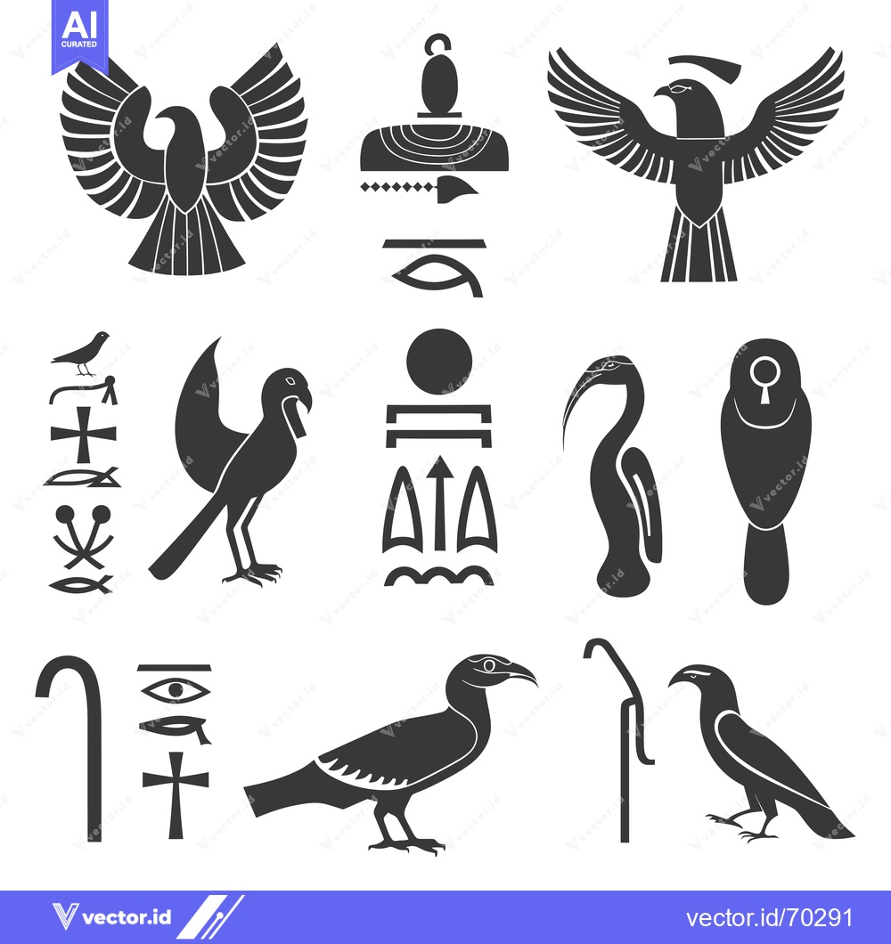 Premium Vector dari Egyptian Mythology Symbols with Birds and Hieroglyphs
